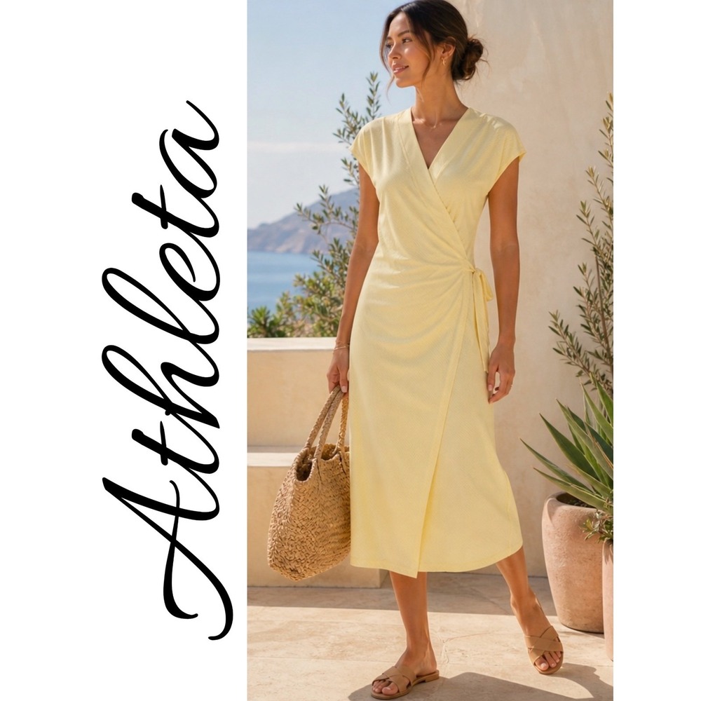 Athleta Newport Wrap Dress Yellow Stretch Midi Cap Sleeve Belted Size M
